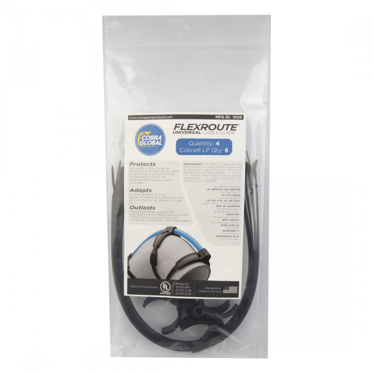 CABLE GUIDE COBRA FLEXROUTE GUIDES SM 4.8-6.5mm w/TIES 4pk BK